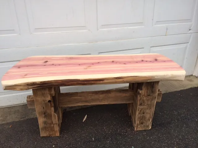 Pictured: a cedar and reclaimed-chestnut live-edge bench